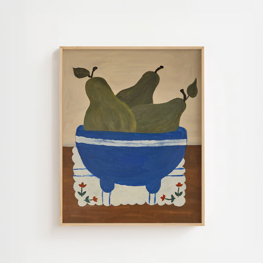 Pear still life acrylic painting art print featuring green pears in a blue bowl on a patterned cloth – modern still life wall art for kitchen or dining room decor.