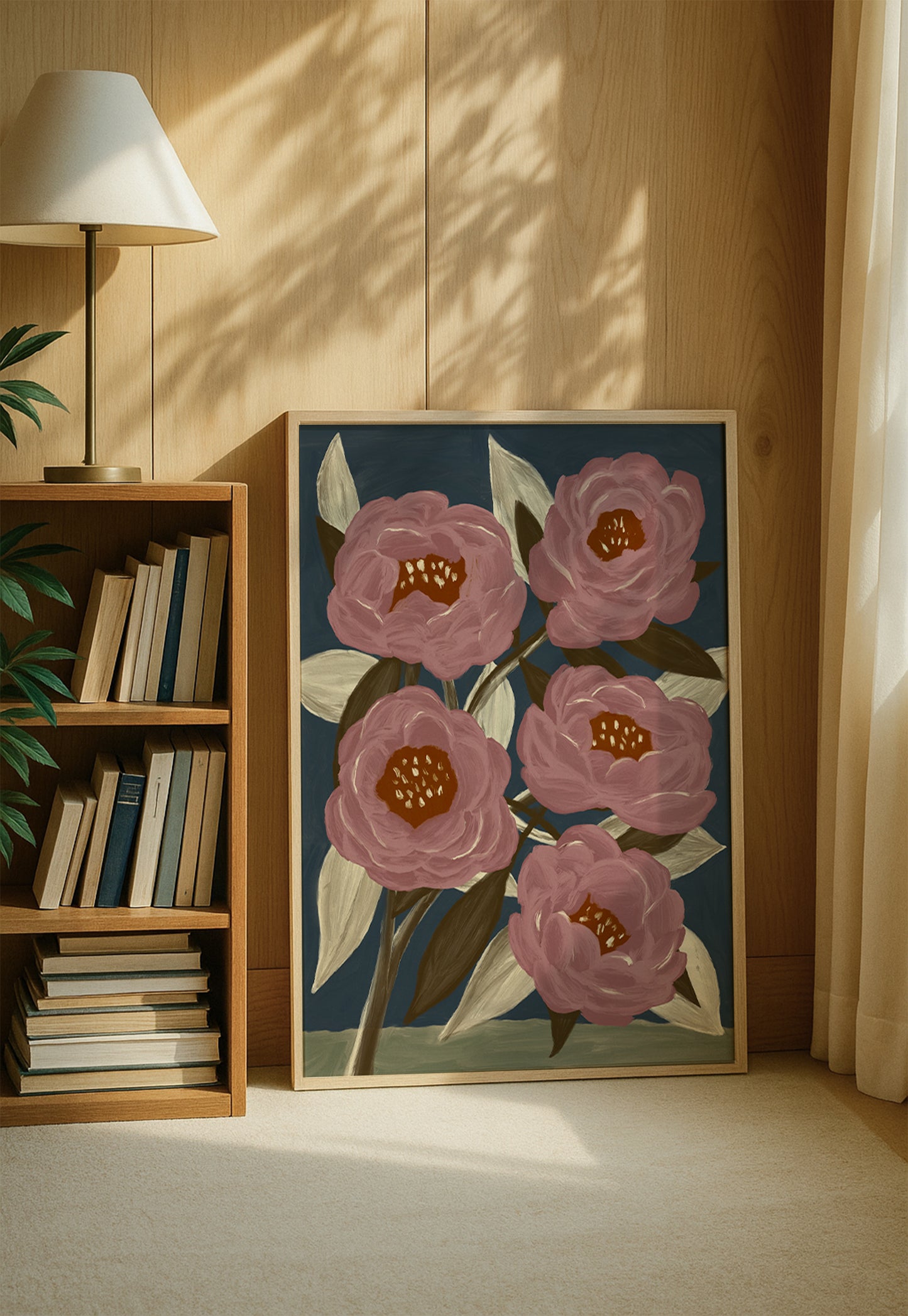 Large floral painting print of pink peonies with green leaves, botanical wall art poster for living room, bedroom, or modern home interior decor.