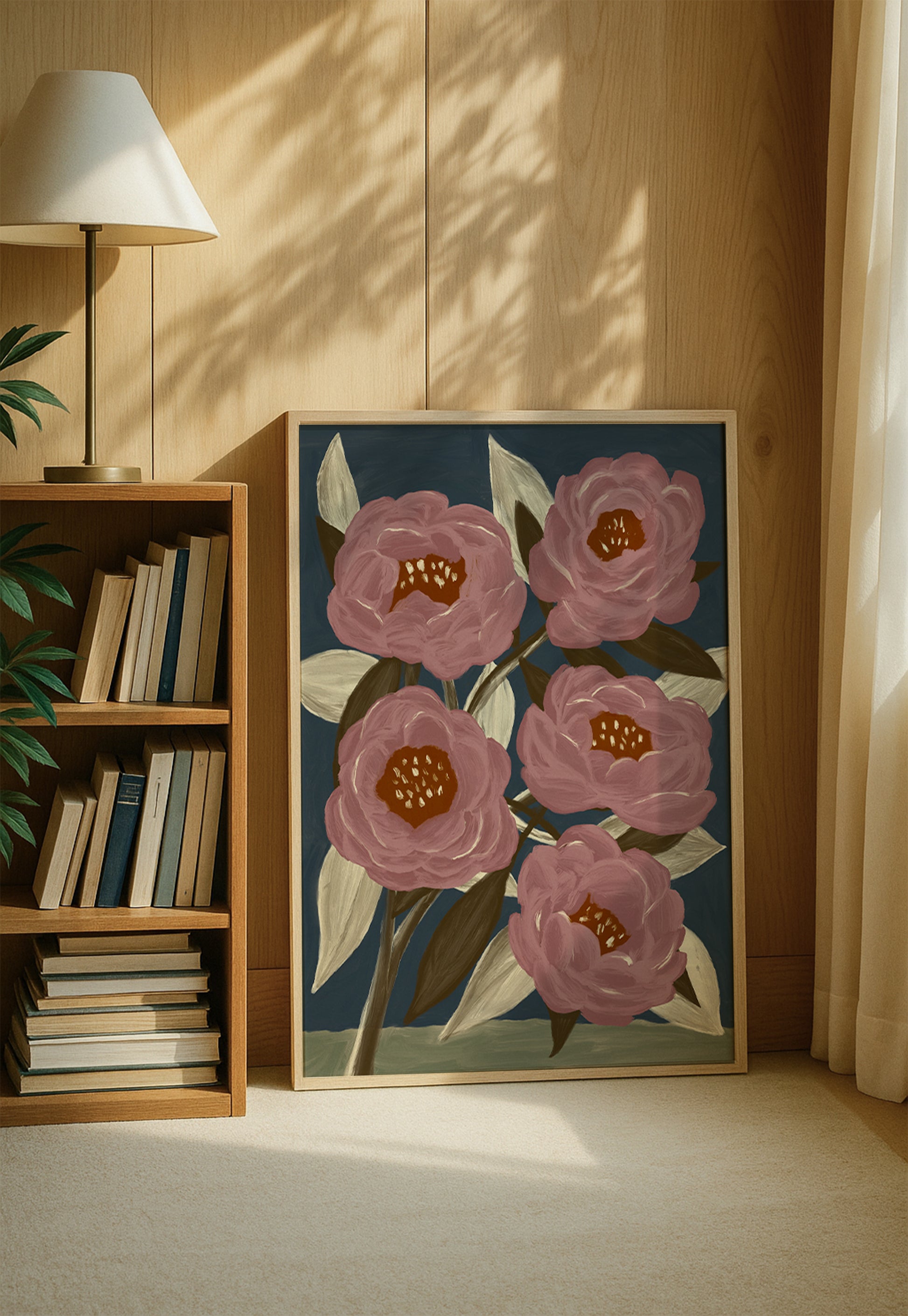 Large floral painting print of pink peonies with green leaves, botanical wall art poster for living room, bedroom, or modern home interior decor.