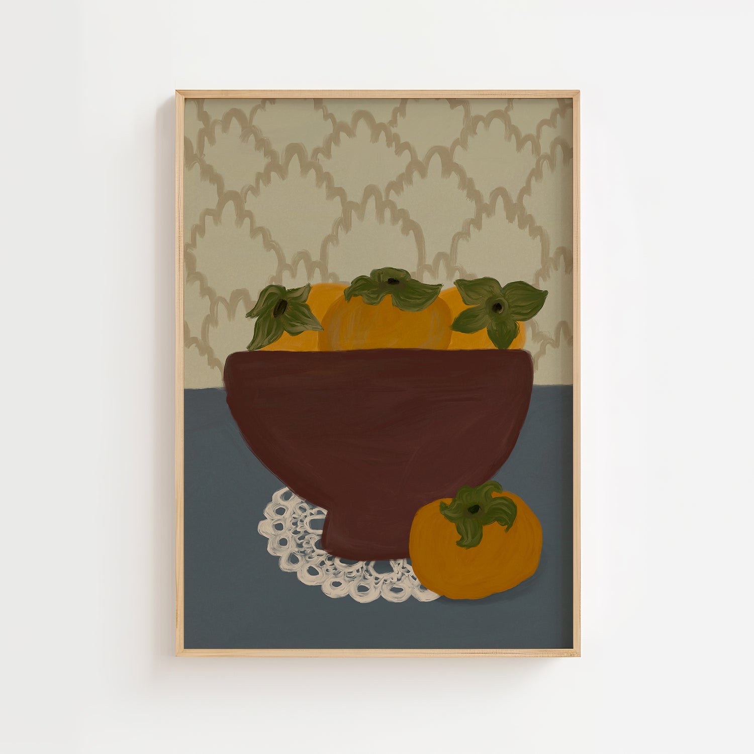 Persimmon still life wall art print with rustic bowl on patterned background, modern fruit poster for kitchen or dining room décor.