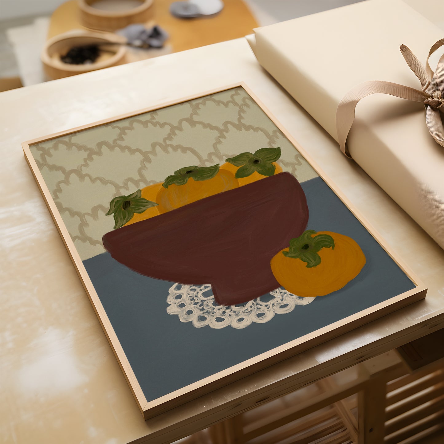 Persimmon wall art poster featuring bold fruit illustration, perfect as food art print for home décor and kitchen walls.