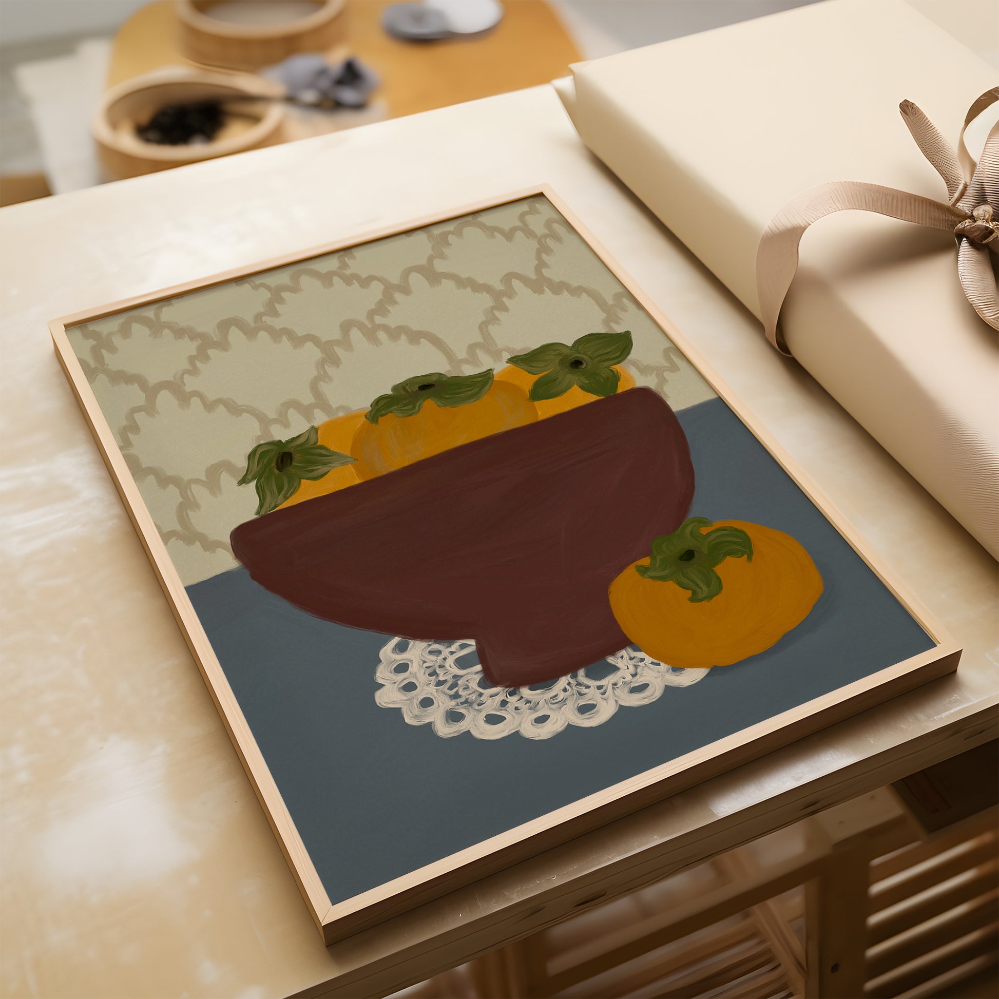Persimmon wall art poster featuring bold fruit illustration, perfect as food art print for home décor and kitchen walls.