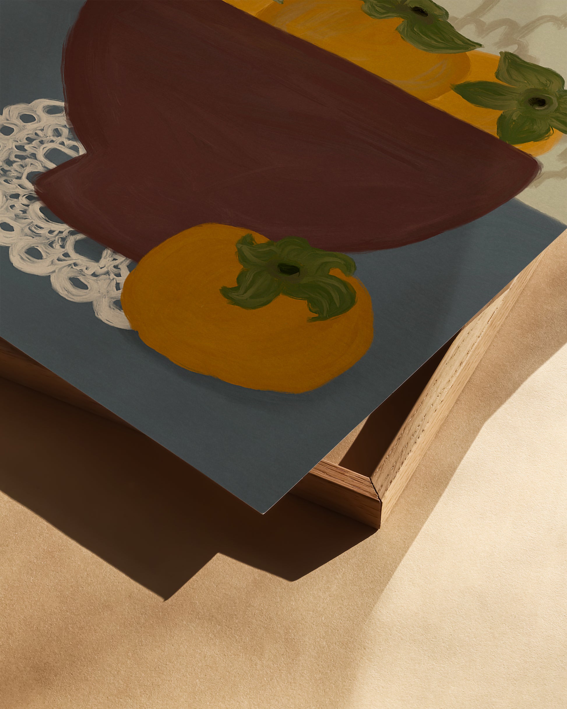 Close-up of persimmon fruit illustration, modern food poster detail showing bold colors and textured still life wall art.
