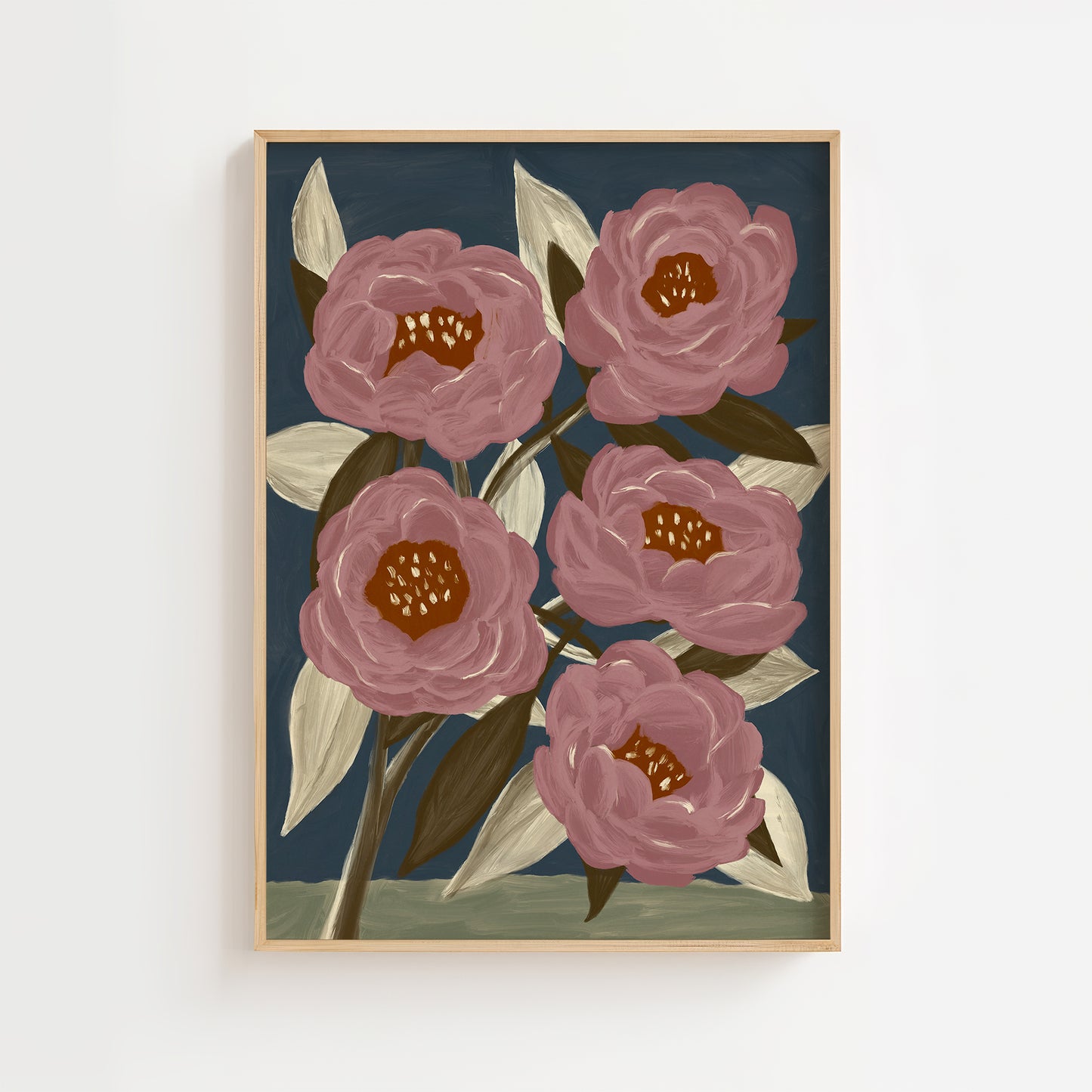 Floral wall art painting featuring bold pink flowers with green leaves on a deep blue background, modern botanical art print poster for home decor.