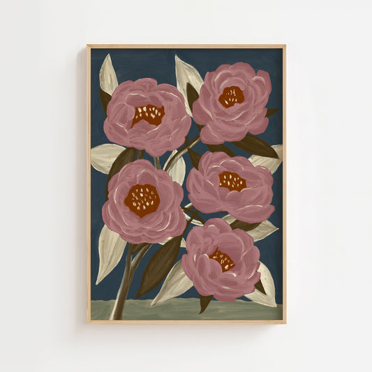 Floral wall art painting featuring bold pink flowers with green leaves on a deep blue background, modern botanical art print poster for home decor.