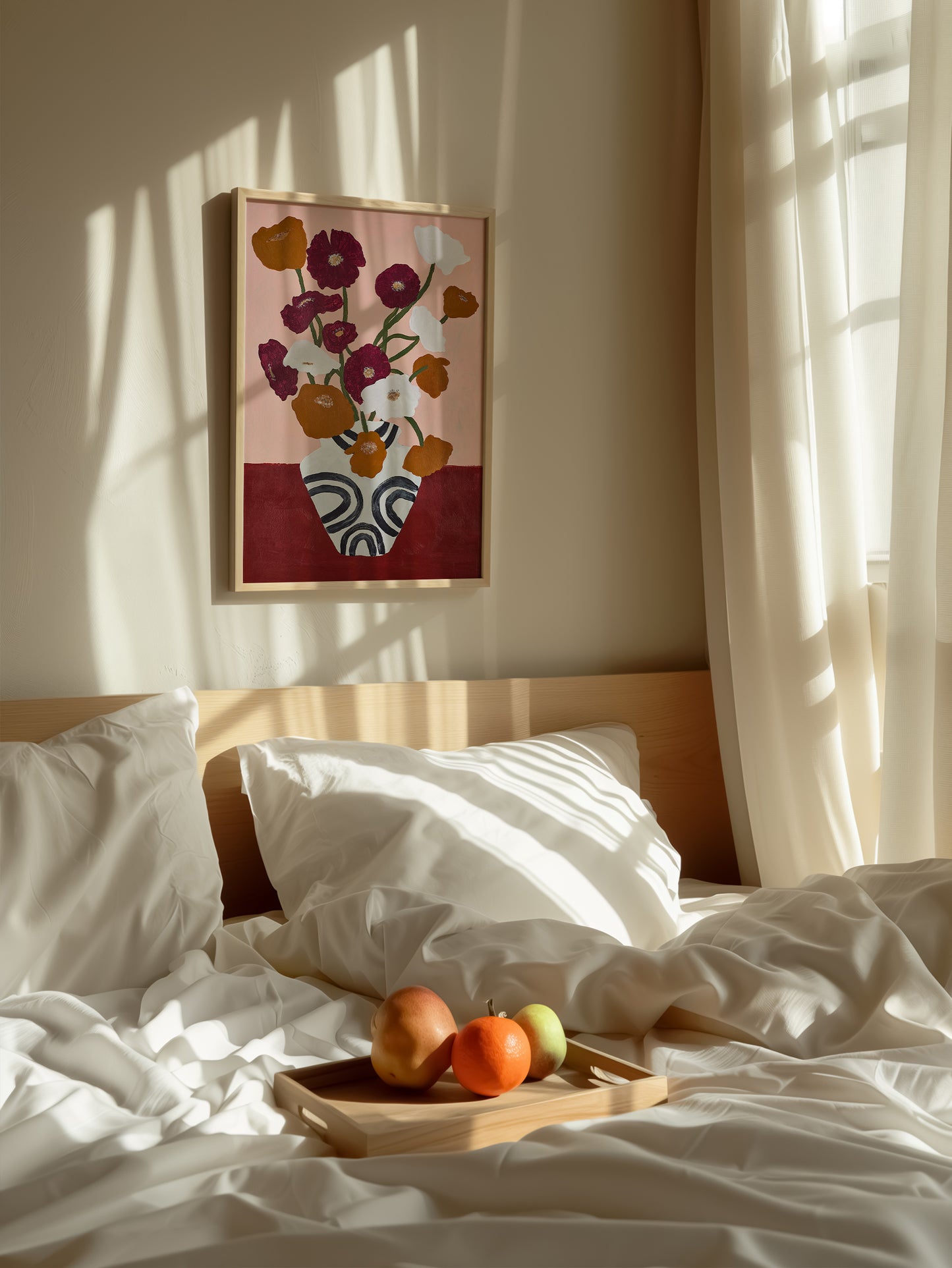 Poppy still life art print hanging above bed – modern floral wall art with burgundy and white flowers, adding warmth to bedroom decor.