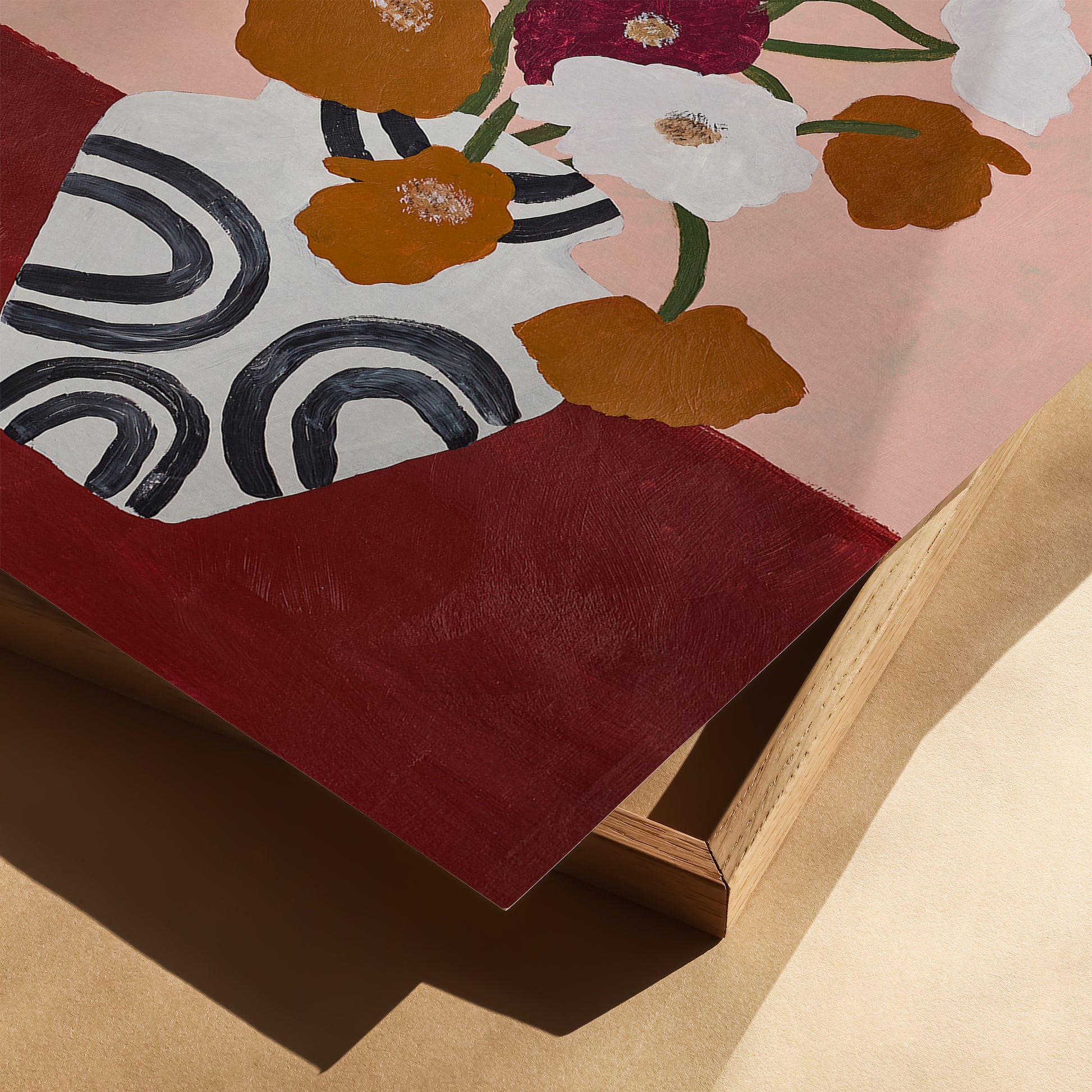 Close-up of poppy still life acrylic art print showing texture and color details – botanical wall art reproduction with pink and red tones.