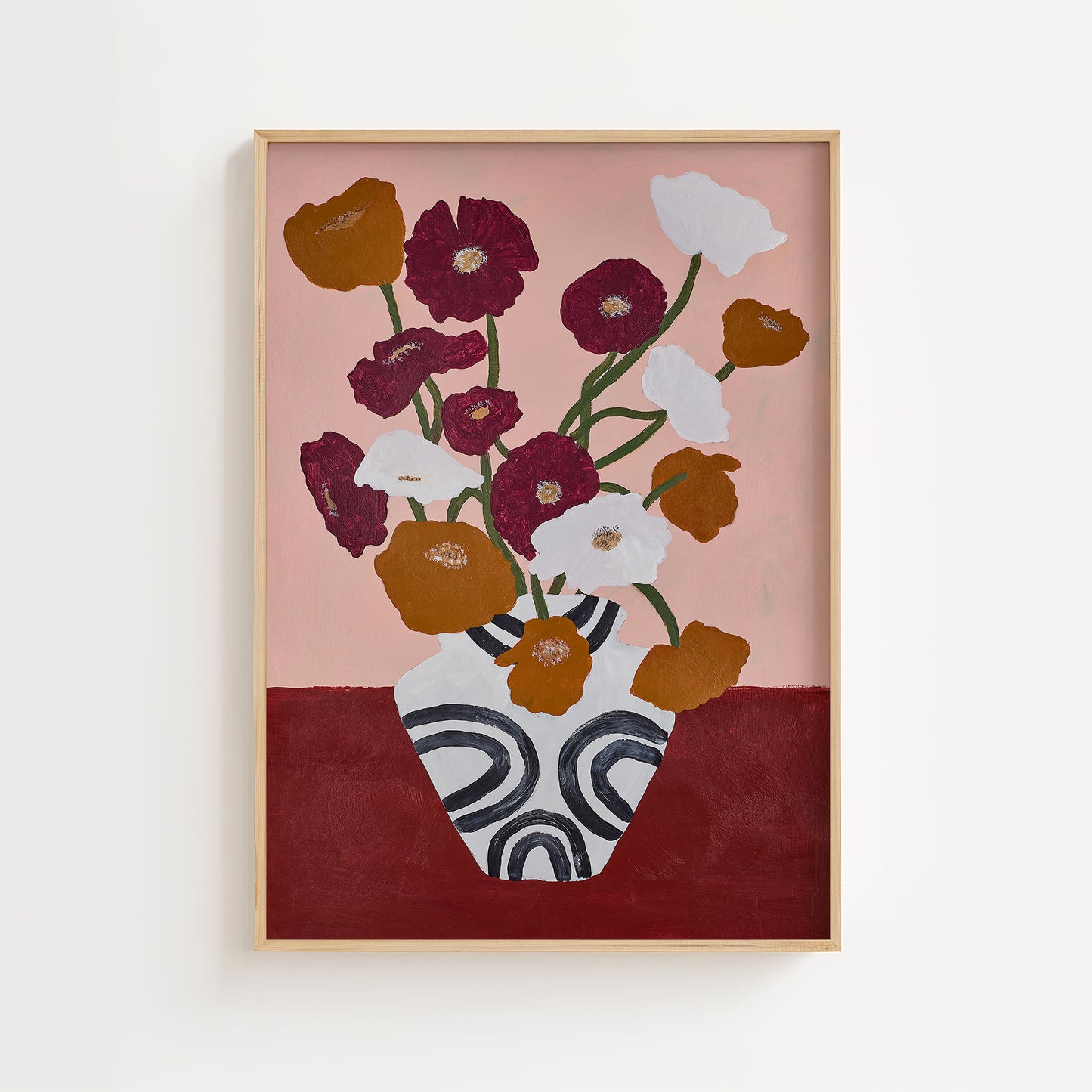 Poppy flower still life acrylic painting art print – modern floral wall art with burgundy, white, and ochre flowers in a patterned vase on a pink background.