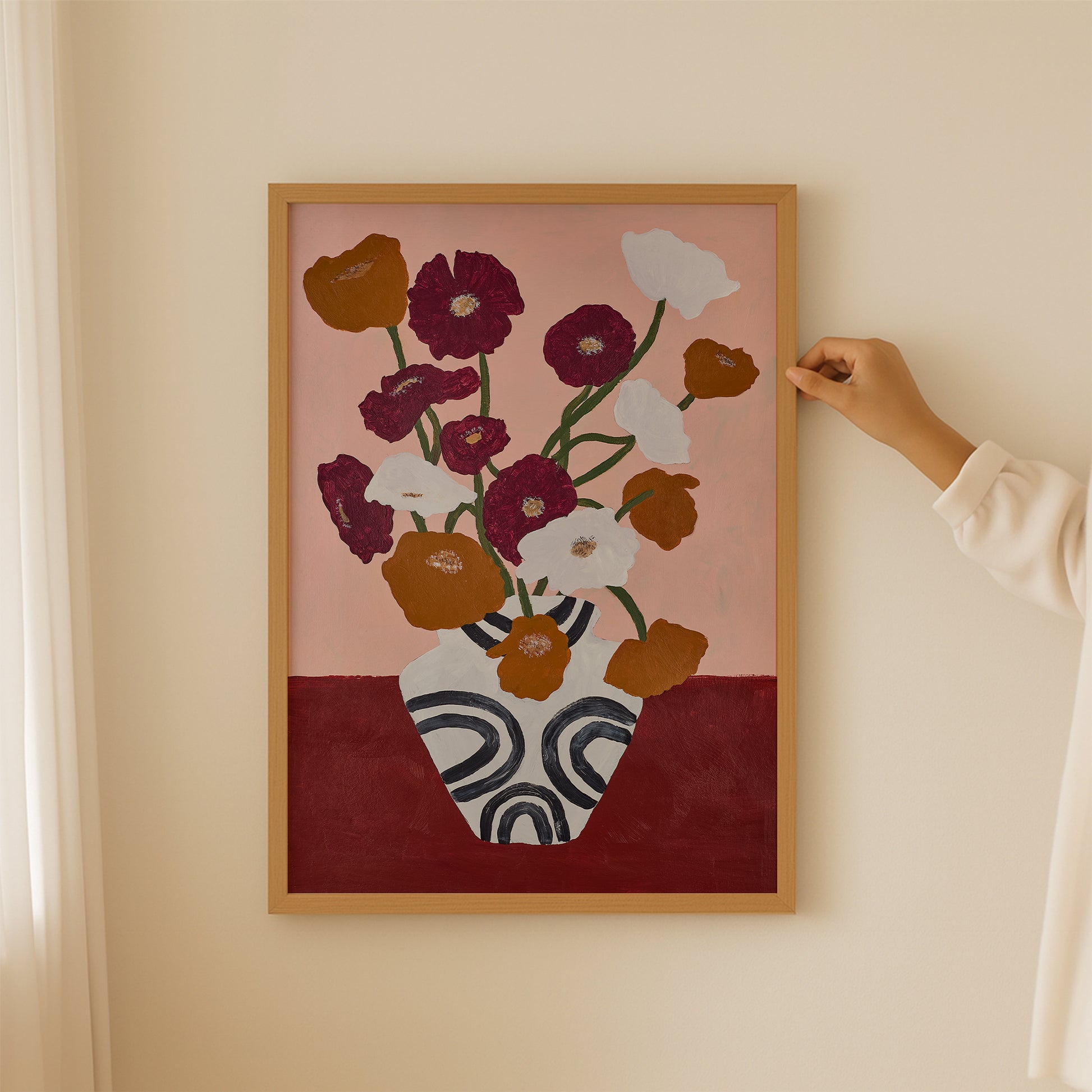 Framed poppy flower still life wall art – modern floral art print in warm tones, perfect for bedroom or living room decor.