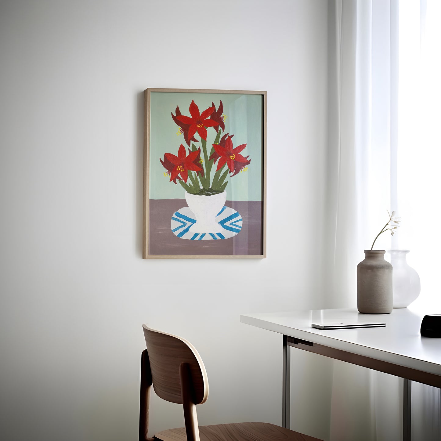 Red amaryllis flower art print styled in a light, airy room. Modern botanical poster with white vase and blue accents for mid-century or boho decor.
