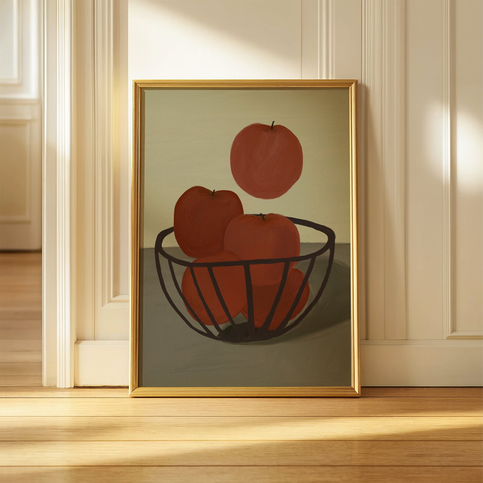 Minimalist red apples still life poster in wooden frame, food wall art print styled for kitchen and entryway décor.