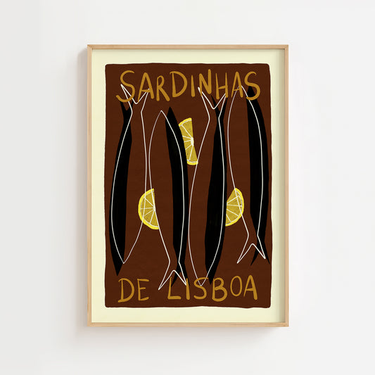 Framed artwork with 'Sardinhas de Lisboa' text and fish illustrations on a brown background.