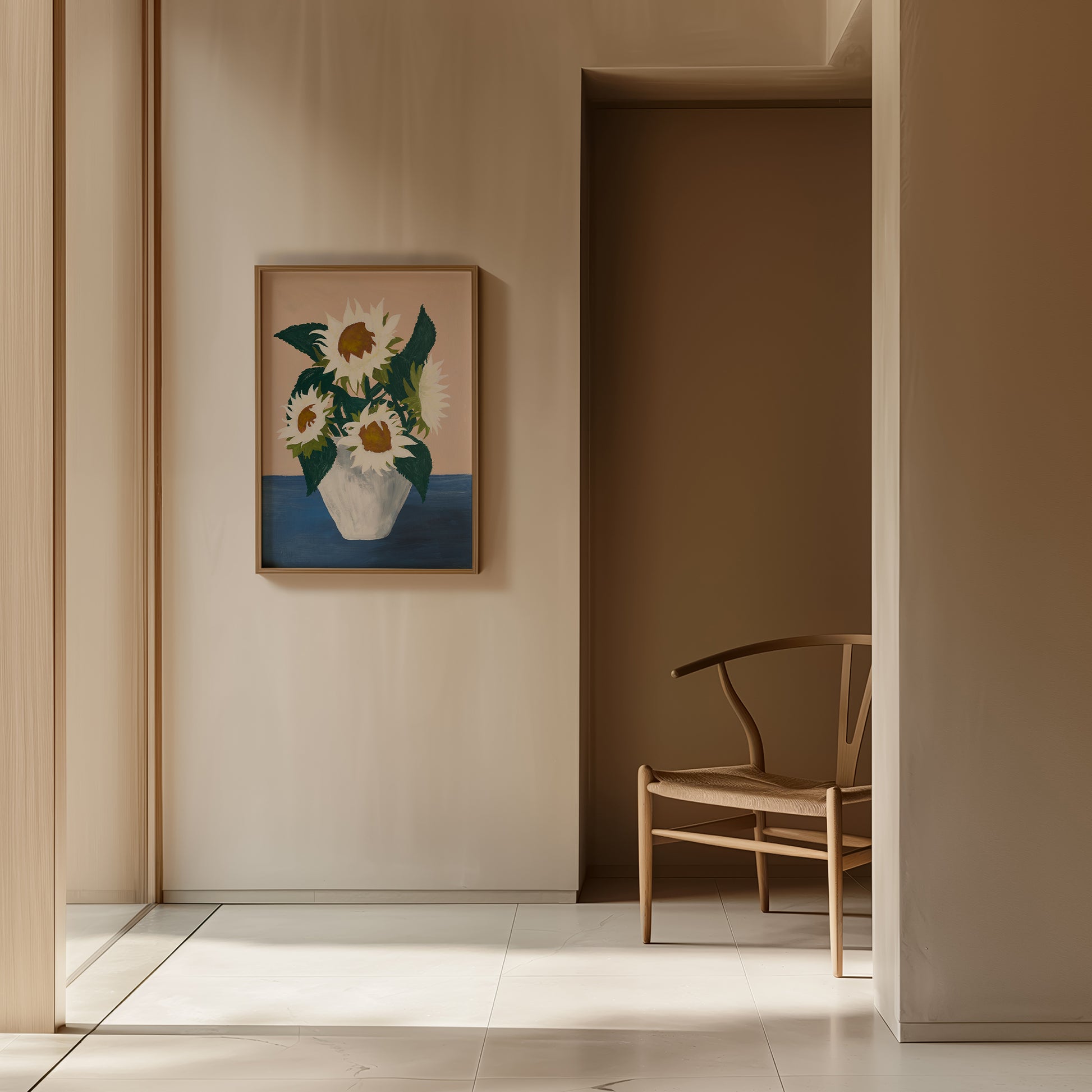Framed sunflower still-life print in a minimalist hallway. Modern botanical wall art for Scandinavian or mid-century interior decor.