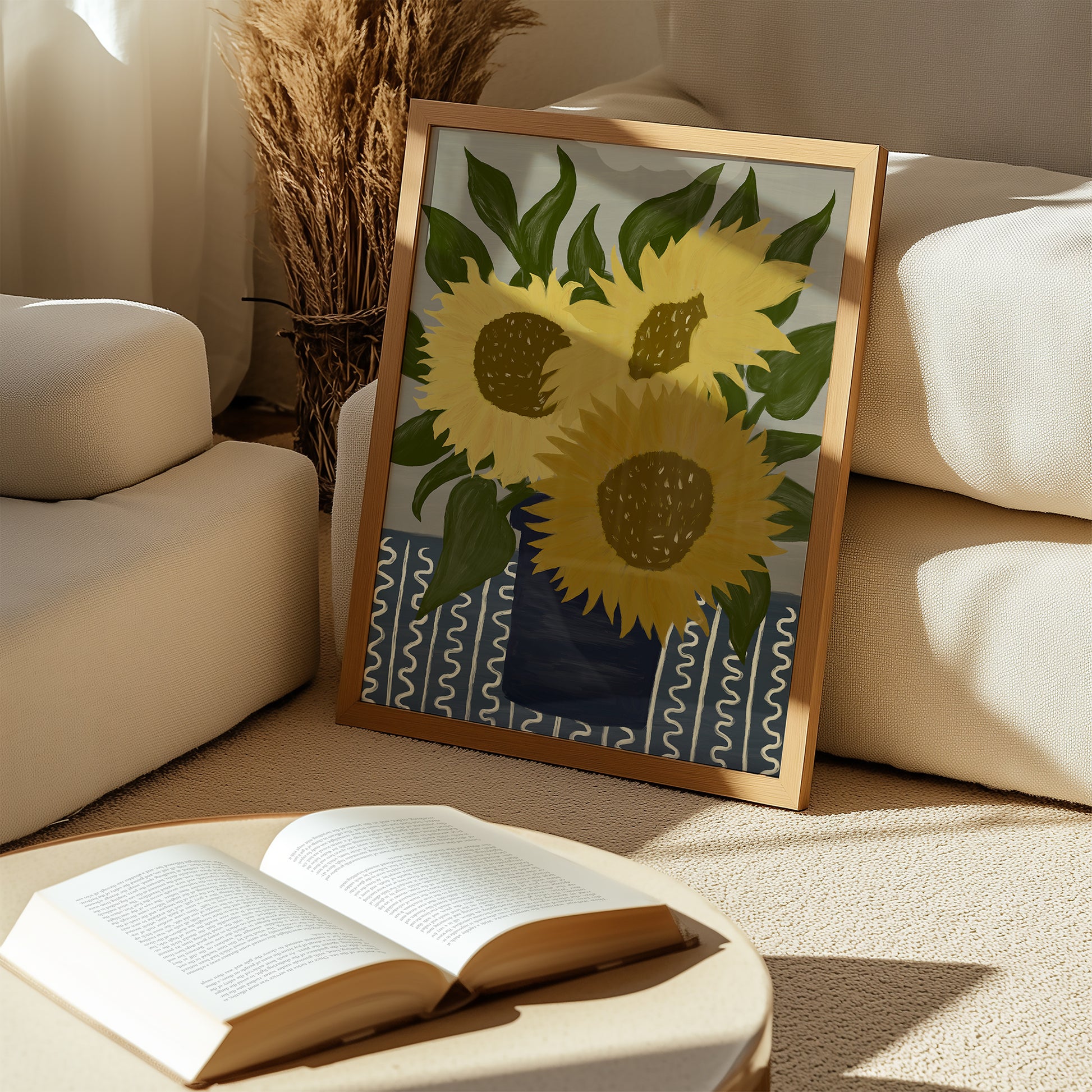 Rustic style sunflower painting print, framed botanical artwork with golden flowers, cozy floral wall art poster for bedroom or lounge decor.