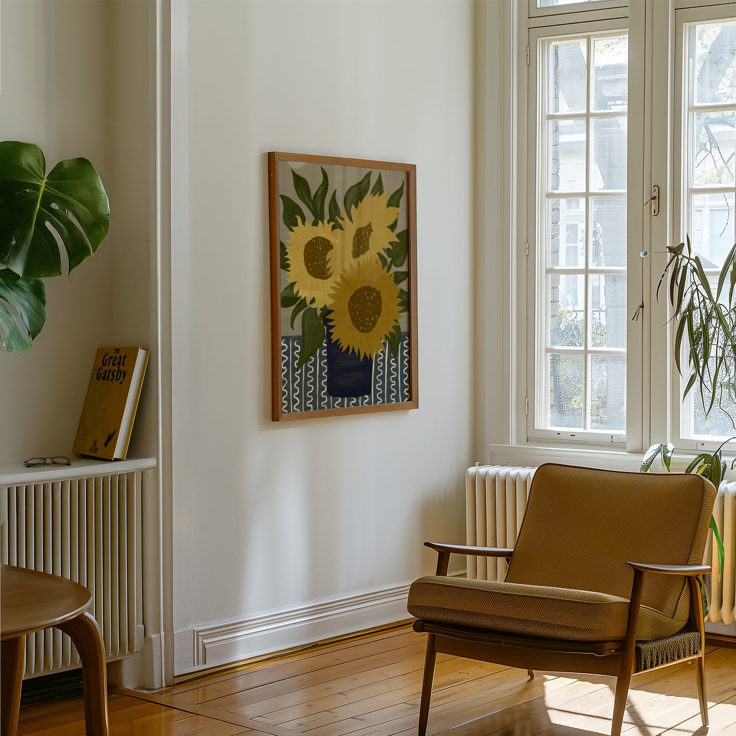 Contemporary sunflower artwork print in a frame, floral wall art poster with bold yellow blossoms, ideal for airy modern or Scandinavian interiors.