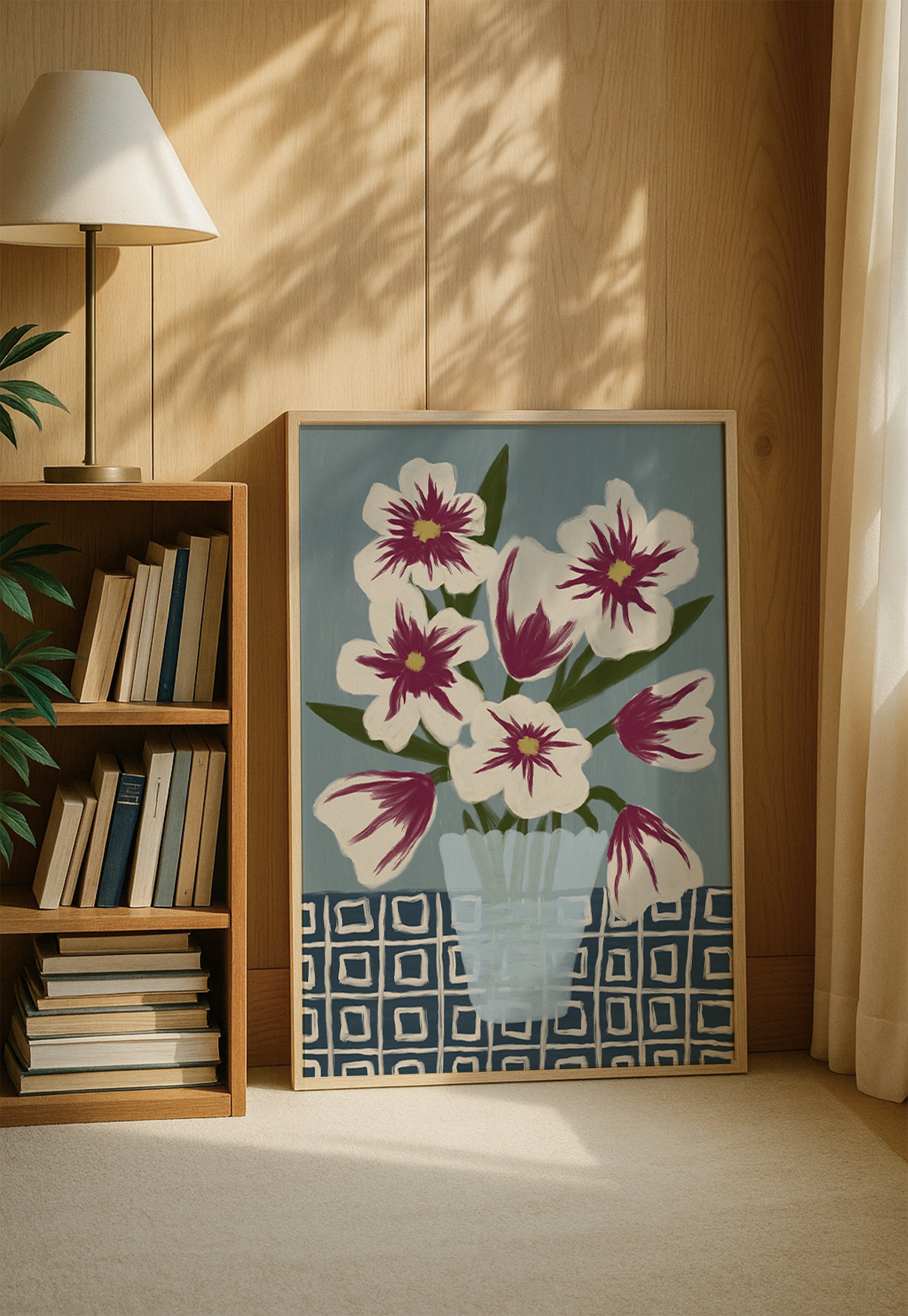 Large floral painting print with burgundy blossoms and green leaves, botanical wall art poster for stylish modern living spaces and cozy home design.