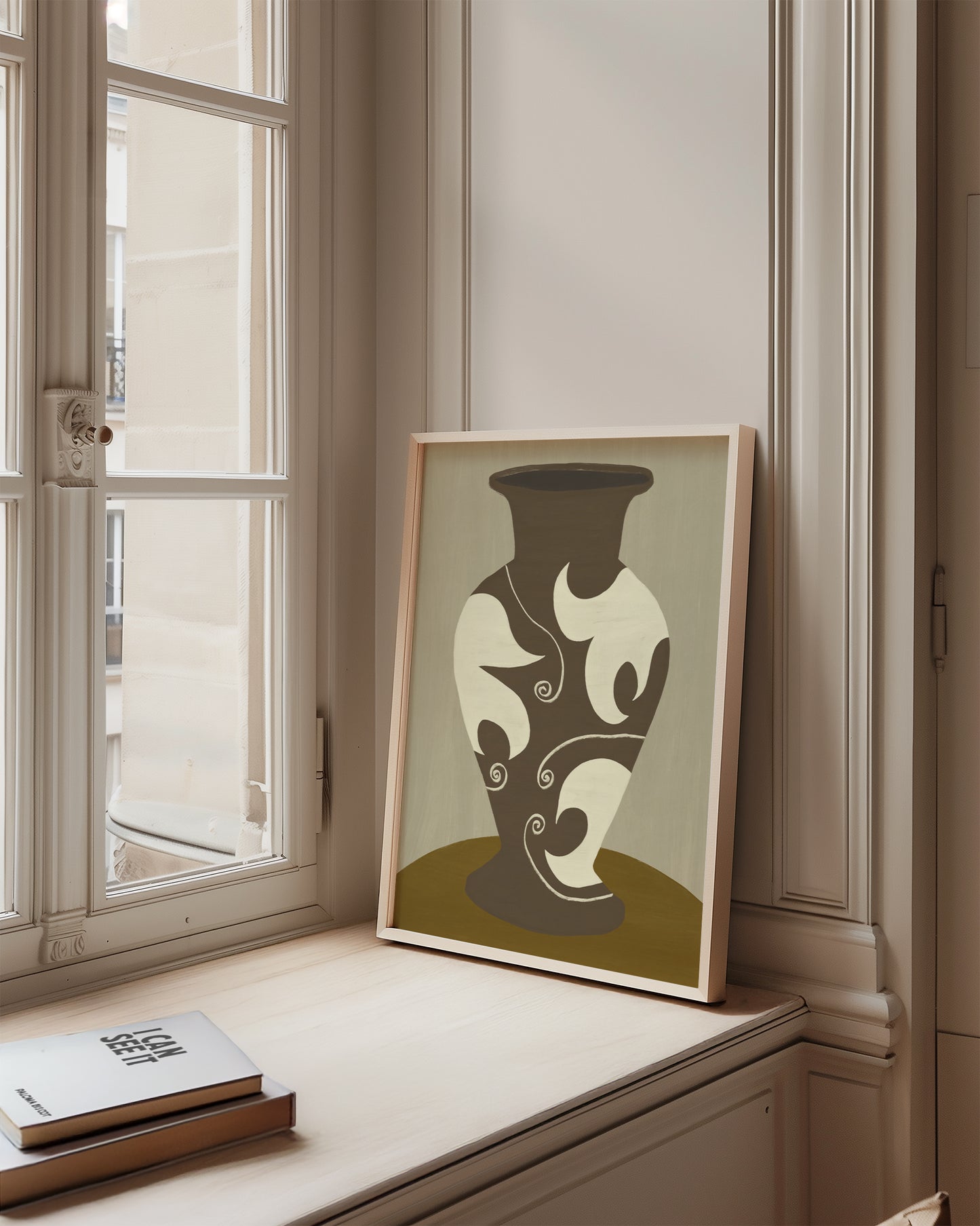 Abstract vase painting wall art print framed in wood, minimalist poster with cream and brown swirls, modern artwork for sophisticated interiors.