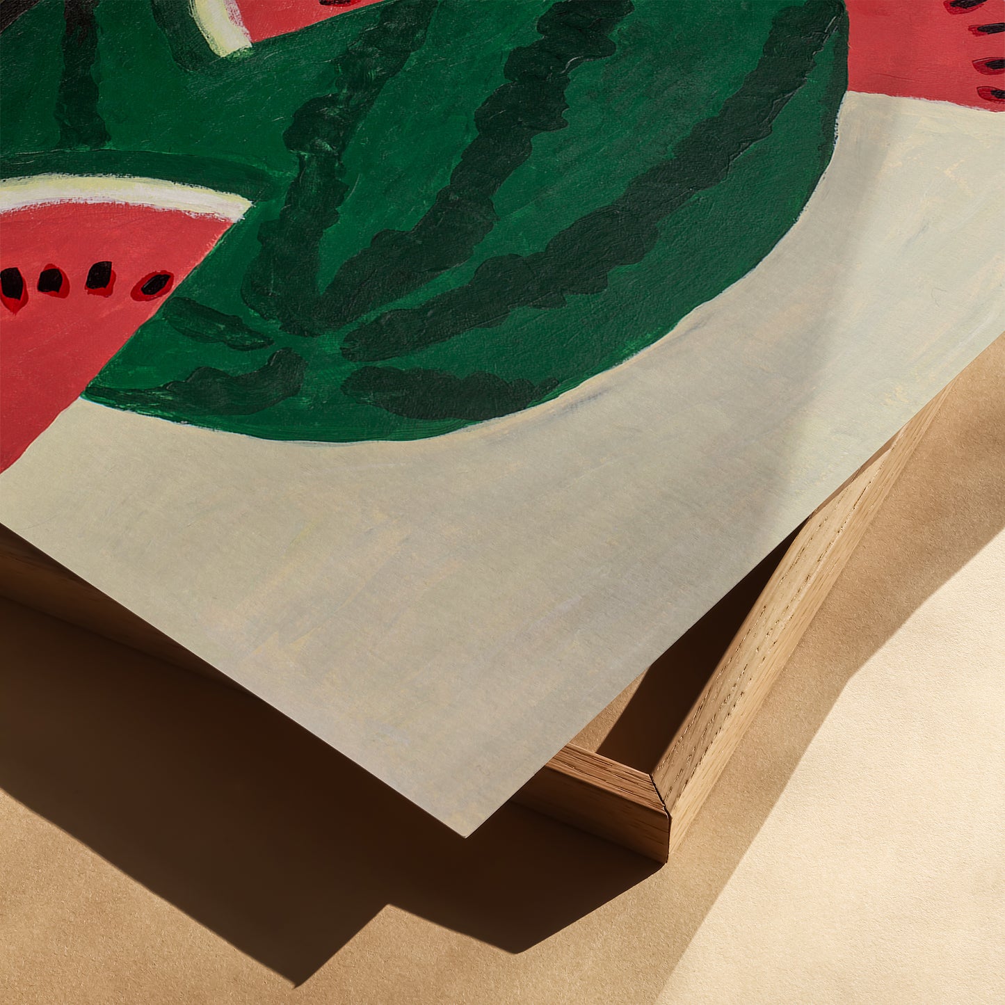 Close-up of watermelon acrylic painting art print showing paper texture and vibrant red and green colors – modern still life wall art reproduction.