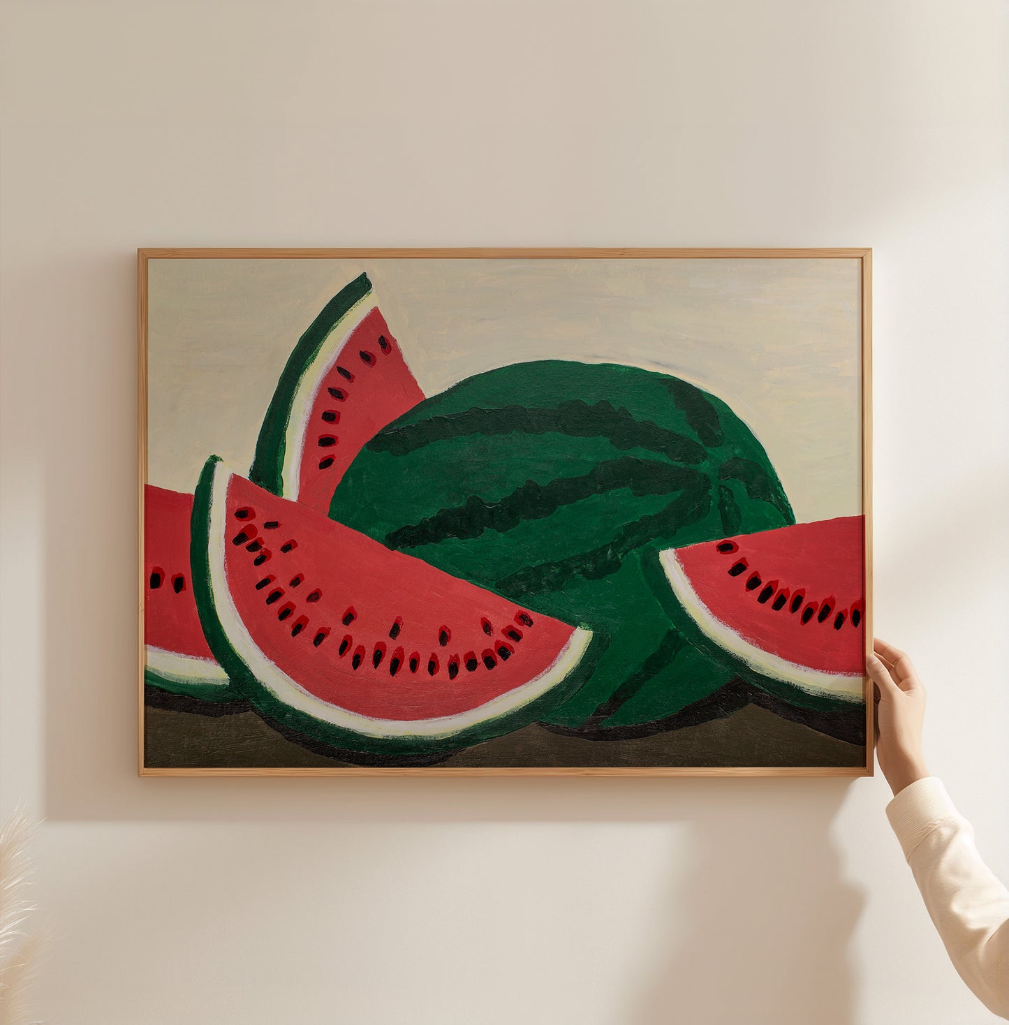 Watermelon acrylic painting art print – bold still life wall art reproduction featuring sliced watermelons in red and green tones, perfect for kitchen or dining room decor.