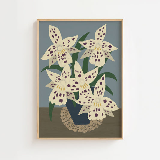 White orchids fine art print – modern floral wall art reproduction featuring cream flowers with green leaves on a blue background, perfect for living room or bedroom decor.