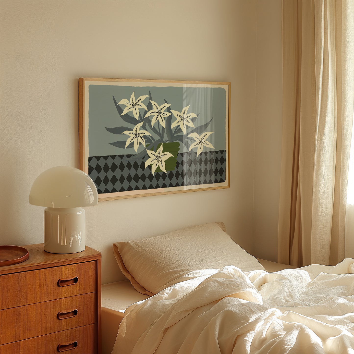 Framed white lilies botanical art print styled in a bedroom, floral wall art poster for serene and elegant interiors.