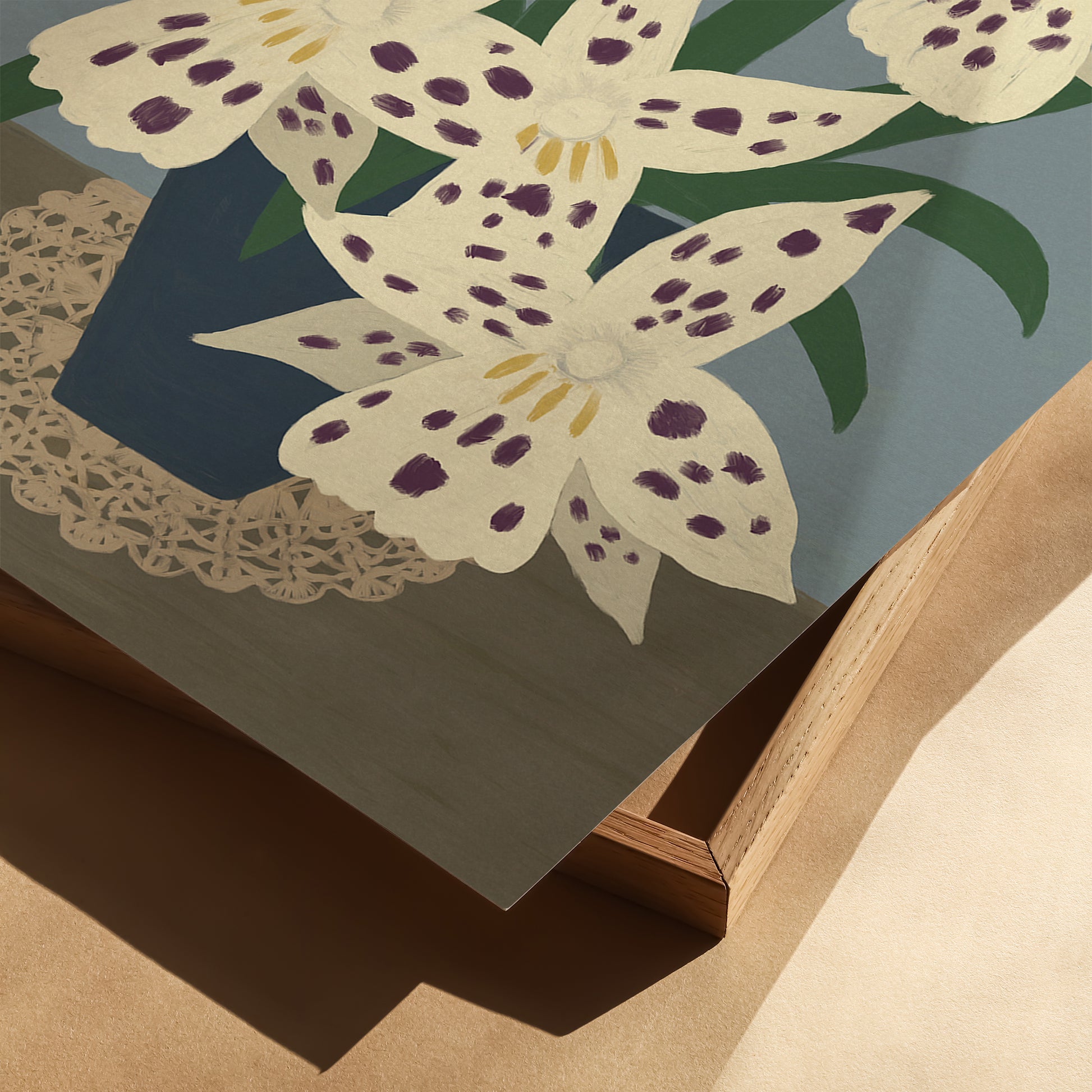 Detail of white orchids illustration art print showing brushstrokes and paper texture – elegant floral wall art reproduction with soft natural tones.