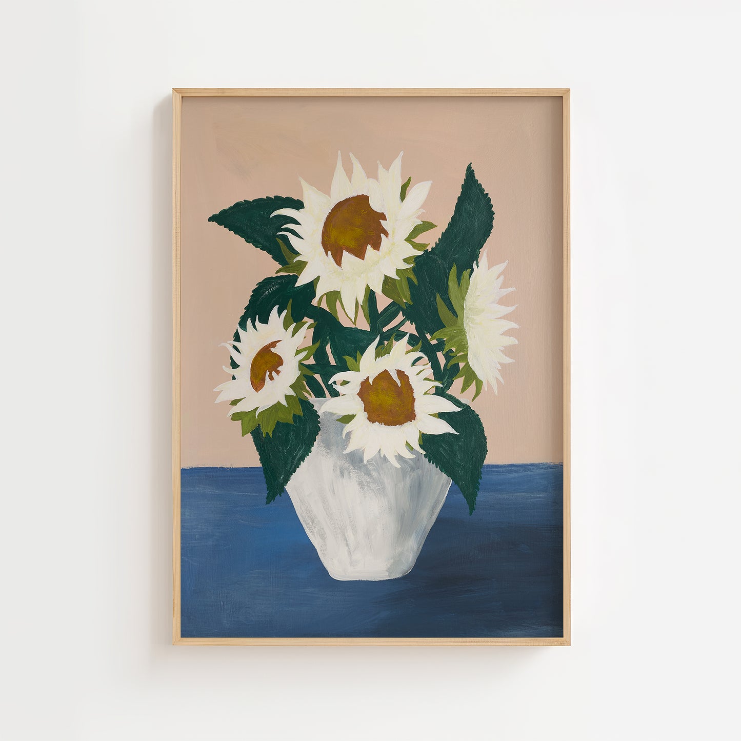 Still-life painting of white sunflowers in a white vase on a blue surface and beige background. Botanical wall art print with mid-century modern and boho charm.